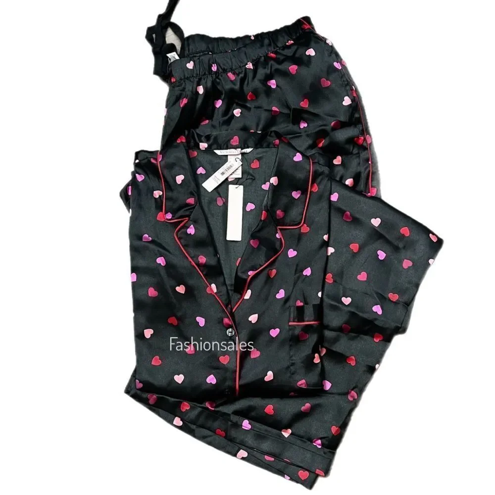 Victorias Secret Hearts SATIN button down top & bottoms pant pajama Set XXL